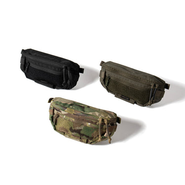 Set of three tactical hanger pouches in black, coyote brown, and multicam
