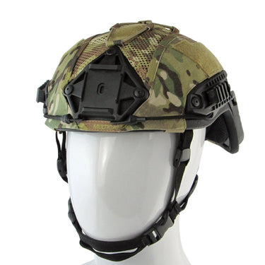 Multicam tactical helmet cover with camo fabric, padding, and black chin straps