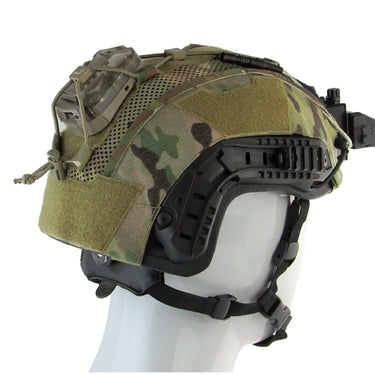 Multicam tactical helmet cover with side padding and black mounting brackets