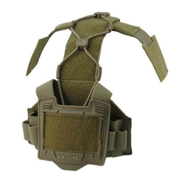 Coyote-green tactical helmet accessory platform with front panel and arched webbing straps