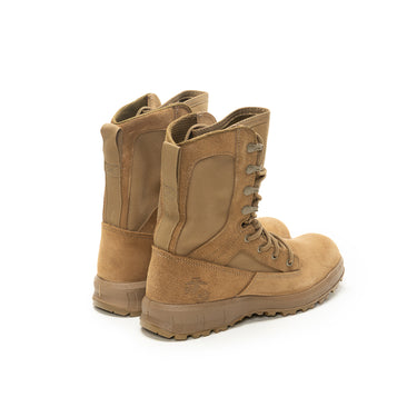 Coyote brown side-view combat boots with lace-up closure and rugged rubber outsole