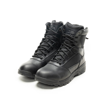 Black tactical waterproof boots with side zip and lace-up front, 8-inch height