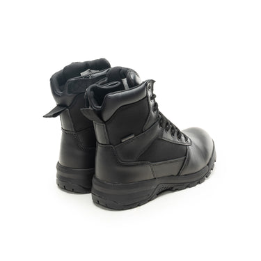 Black tactical waterproof boots, rear view with lace-up front and rugged tread sole
