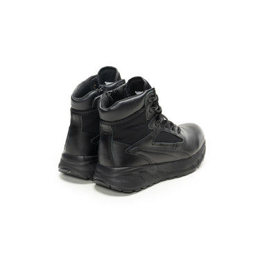 Black tactical boots, rear view with heel counter, lace-up eyelets, textured outsole