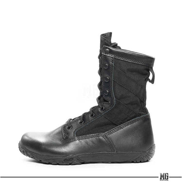 Black lace-up training boot, high shaft with eyelets and side panel stitching