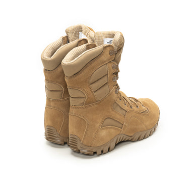 Coyote suede lace-up boots with padded tongue, side panels, and rugged tread sole.