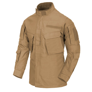 Tan tactical ripstop shirt with stand collar, chest pocket, and long sleeves.