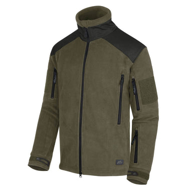 Olive fleece jacket with stand collar, full-zip front and zip pockets