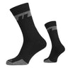 Black merino mid socks with grey logo at ankle, crew cuff