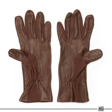 Brown leather flight gloves with padded fingers, thumb, and side seam stitching