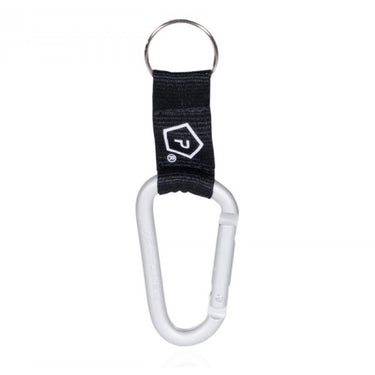 Black webbing strap carabiner with silver metal hook and pentagon emblem