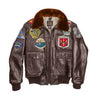 Men's dark leather flight jacket with shearling collar and colorful front badges