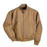 Khaki wool-lined bomber style jacket with front zipper and ribbed cuffs and hem