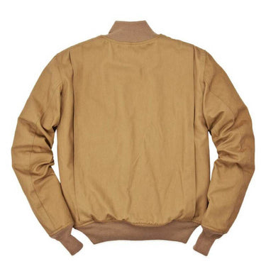 Khaki bomber jacket back view with ribbed collar, hem, and sleeve cuffs