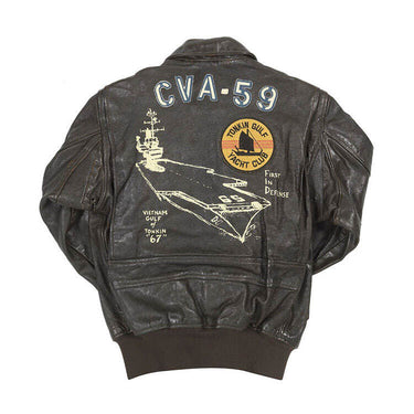 Brown leather flight jacket back with large embroidered ship graphic and CVA-59 patch