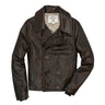 Dark brown leather peacoat with stand collar and double-breasted button front