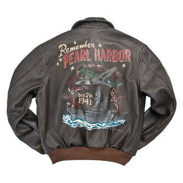 Brown leather A-2 style jacket back with large Remember Pearl Harbor graphic and ribbed cuffs