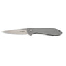 Folding knife with gray flat handle and partially open silver blade
