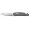 Folding pocket knife with open blade, gray textured handle and CRKT etching