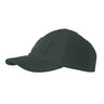 Olive green winter cap with short brim and rectangular side patch