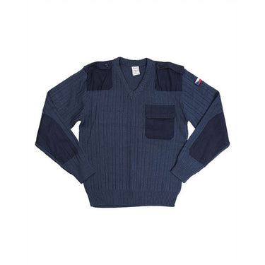 Blue grey V-neck knit sweater with chest flap pocket and dark shoulder panels