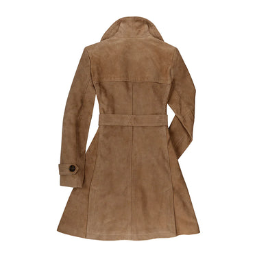 Brown suede trench coat back view with collar and belted back panel.