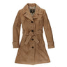 Brown suede trench coat with notched lapels, button front, and belted waist.