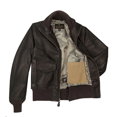 Brown leather zip-front jacket with beige lining, flap pockets, stand collar, ribbed cuffs