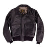 Women's leather flight jacket front view with two flap chest pockets and zip closure.