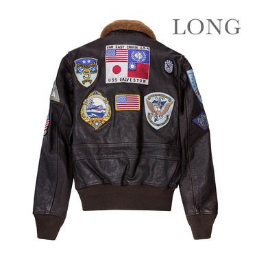 Brown shearling-collar leather bomber jacket with back patch panel and ribbed cuffs