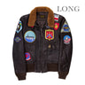 Brown shearling-collar leather jacket with front zip and colorful mission patches