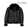 Sheepskin bomber long jacket in black leather with dark fur collar and front zipper pockets