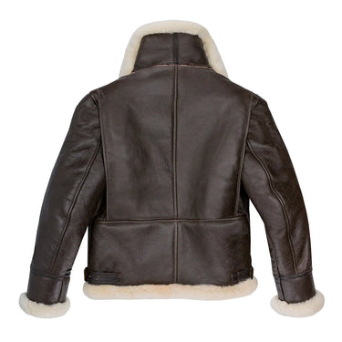 Back view of brown leather sheepskin jacket with cream shearling trim and center seam