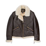 Brown leather sheepskin jacket with cream shearling collar, full zip, two chest pockets