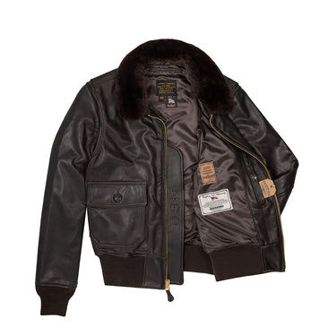 Goatskin G-1 jacket with dark fur collar, front zip, and interior label