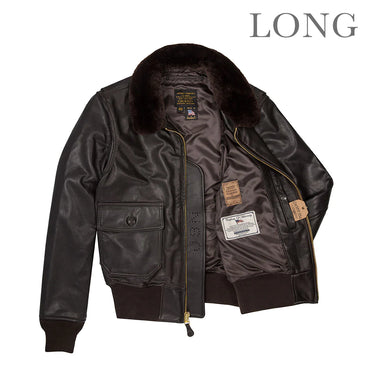 Men's G-1 leather jacket with shearling collar, zip-front, and side pocket detailing