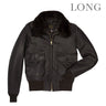 Dark leather flight jacket with removable plush fur collar, zip front, flap pockets
