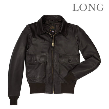 Dark leather flight jacket with fur-trimmed collar, central zipper, side flap pockets