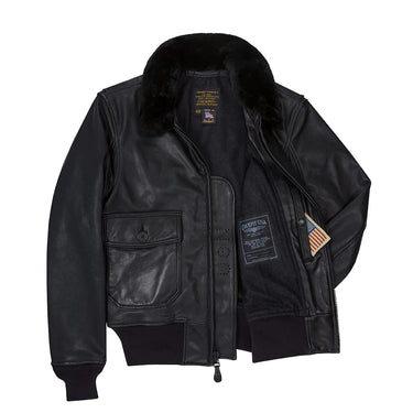 Black goatskin G-1 jacket with fur collar, zip front, left chest patch and utility pocket