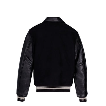 Black wool and lambskin jacket with ribbed hem and cuffs, back view