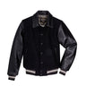 Black wool and lambskin varsity jacket with ribbed cuffs and snap front