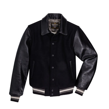 Black wool and lambskin varsity jacket with ribbed cuffs and snap front