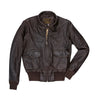 Brown leather flight jacket with front zip and two chest pockets