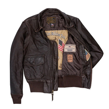 Brown leather flight jacket open front, showing striped lining and flag patch