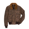 Brown goatskin bomber jacket with tan shearling collar, front zip, two chest pockets.