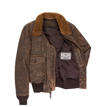 Brown goatskin bomber jacket with tan shearling collar, open front, zip, visible lining.