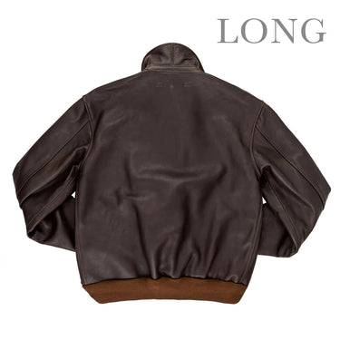 Brown leather A-2 flight jacket back view with raised collar and ribbed hem