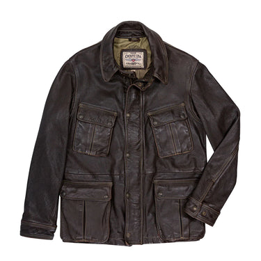Goatskin motorcycle jacket in dark brown with button front and flap pockets