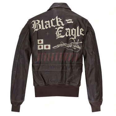 Brown leather G-1 bomber jacket back with large “Black Eagle” graphic and striped details