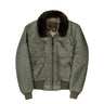 Sage green G-1 bomber jacket with dark faux-fur collar, front zip, chest pockets